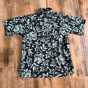 Go Barefoot VTG Abstract Hibiscus Reverse Print Popover Shirt, Black Blue,M